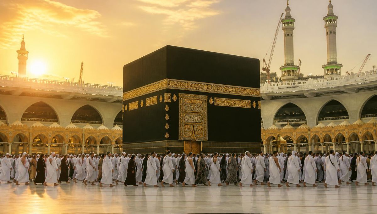 Pilgrims performing Tawaf around the Kaaba at golden hour