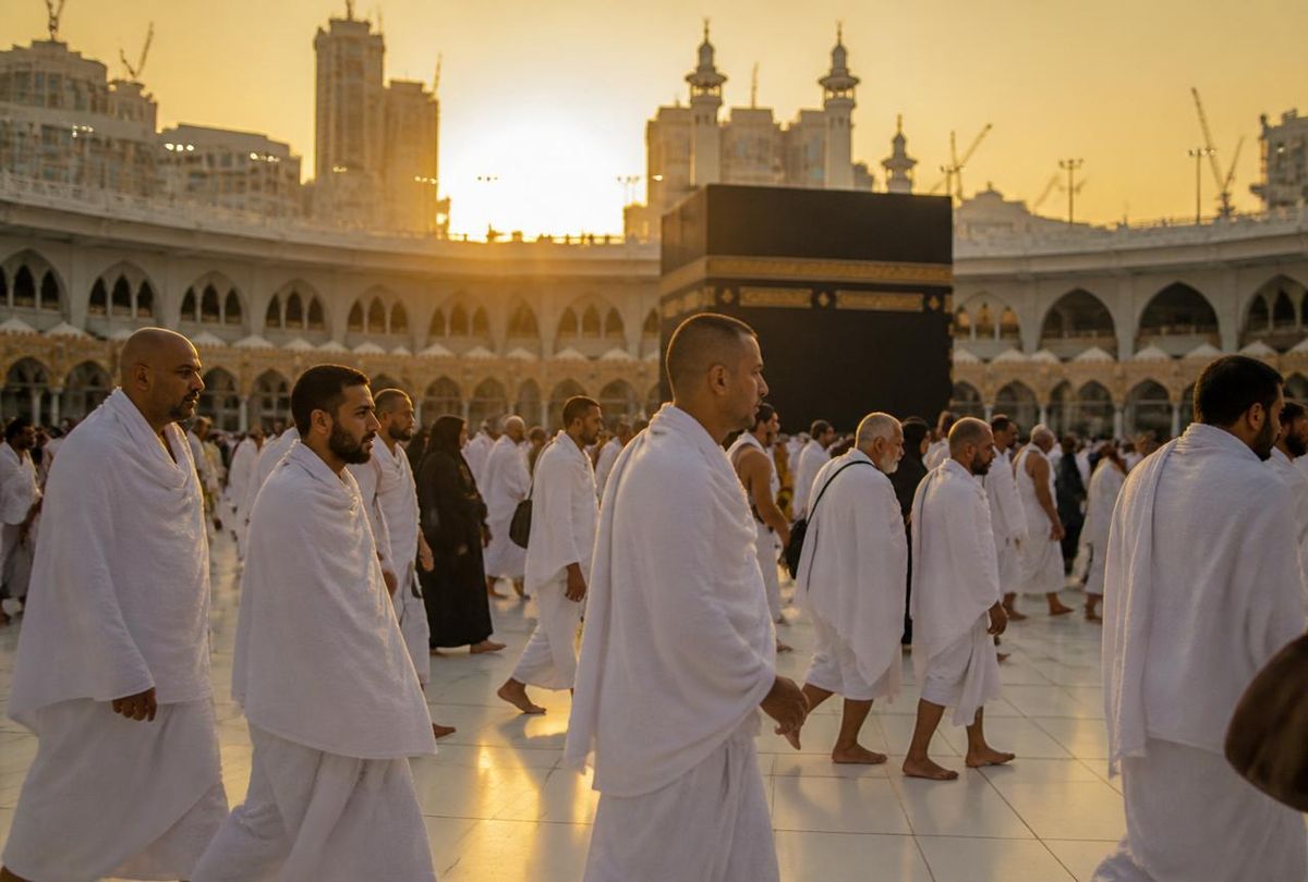 Pilgrims in ihram walking in the courtyard of Masjid al-Haram